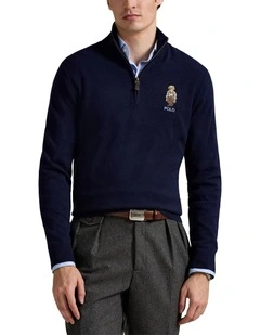 Polo Bear Wool Quarter-Zip Sweater in Blue