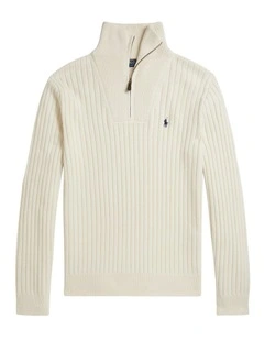 Rib-Knit Wool-Cotton Sweater in Natural