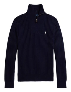 Rib-Knit Wool-Cotton Sweater in Blue