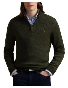 Washable Wool Quarter-Zip Sweater in Green