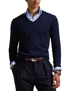 Slim Fit Washable Wool V-Neck Sweater in Blue