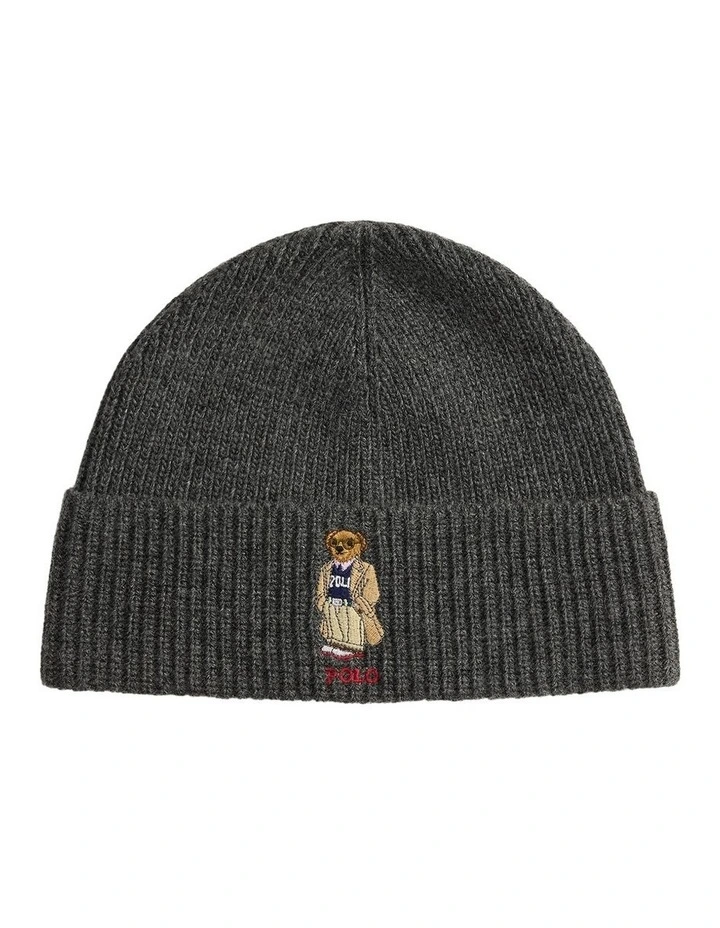 Polo Bear Rib-Knit Beanie in Grey image 1