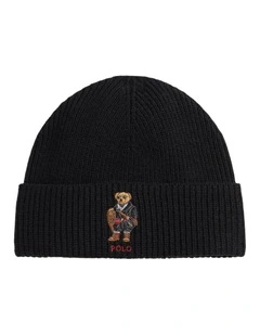 Bear Rib-Knit Beanie in Black