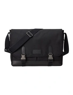 Leather-Trim Travel Messenger Bag in Black
