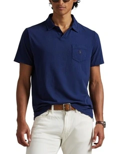 Standard Fit Cotton-Linen Polo Shirt in Navy