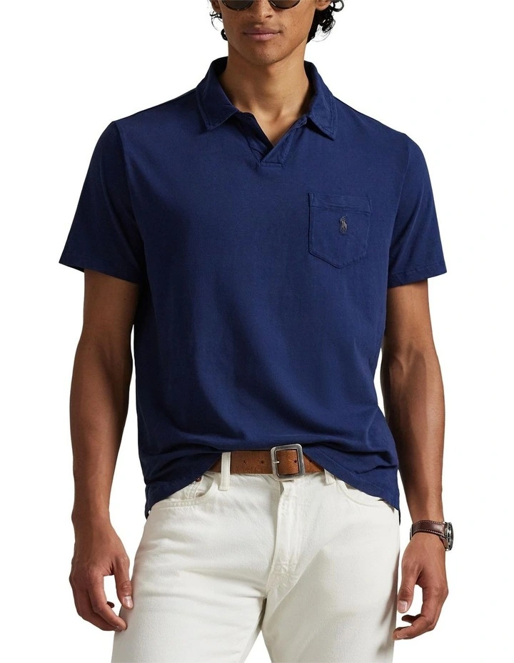 Standard Fit Cotton-Linen Polo Shirt in Navy image 1