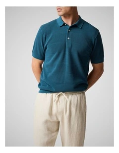 Masons Flat Knit Polo in Teal