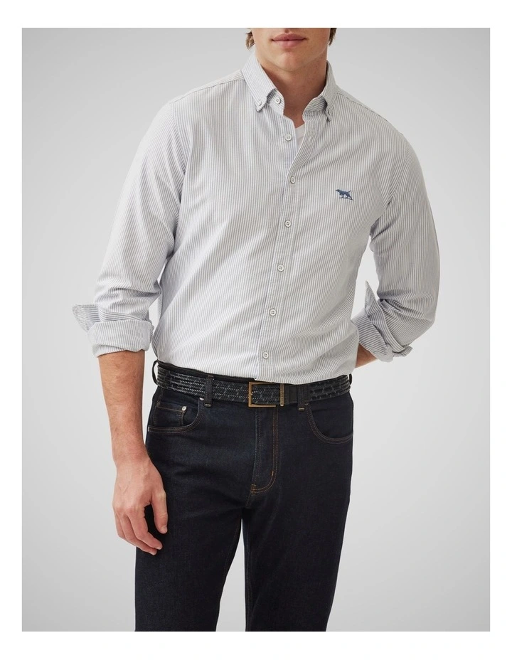 Oxford Lakeside Stripe Long Sleeve Sports Fit Shirt in French Navy image 1