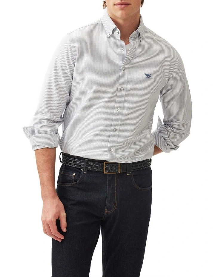 Gunn Oxford Stripe Long Sleeve Sports Fit Shirt in French Navy image 1