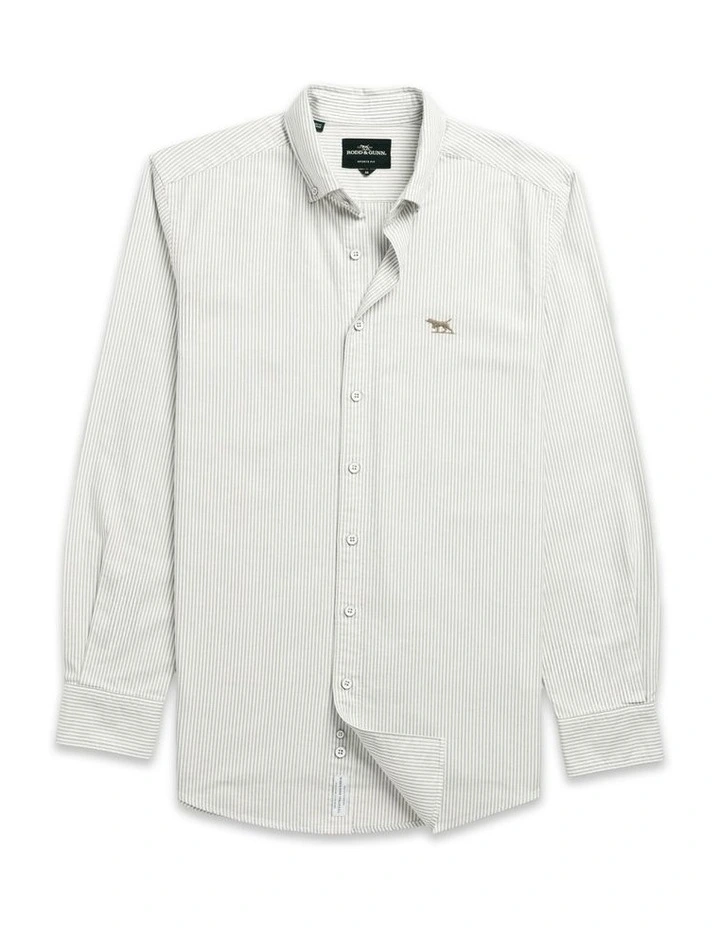 Gunn Oxford Stripe Long Sleeve Sports Fit Shirt in Eucalyptus image 4