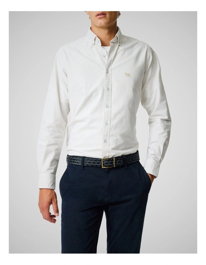 Oxford Lakeside Stripe Long Sleeve Sports Fit Shirt in Natural image 1