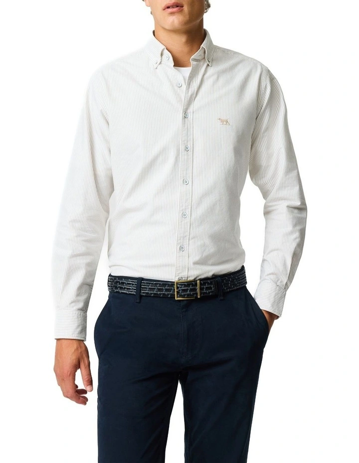 Oxford Stripe Long Sleeve Sports Fit Shirt in Natural image 1