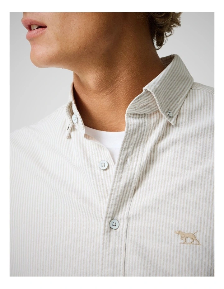 Oxford Lakeside Stripe Long Sleeve Sports Fit Shirt in Natural image 6