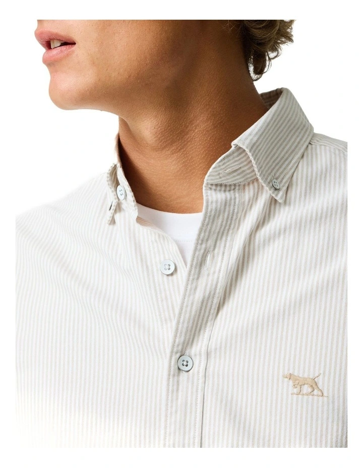 Oxford Stripe Long Sleeve Sports Fit Shirt in Natural image 6
