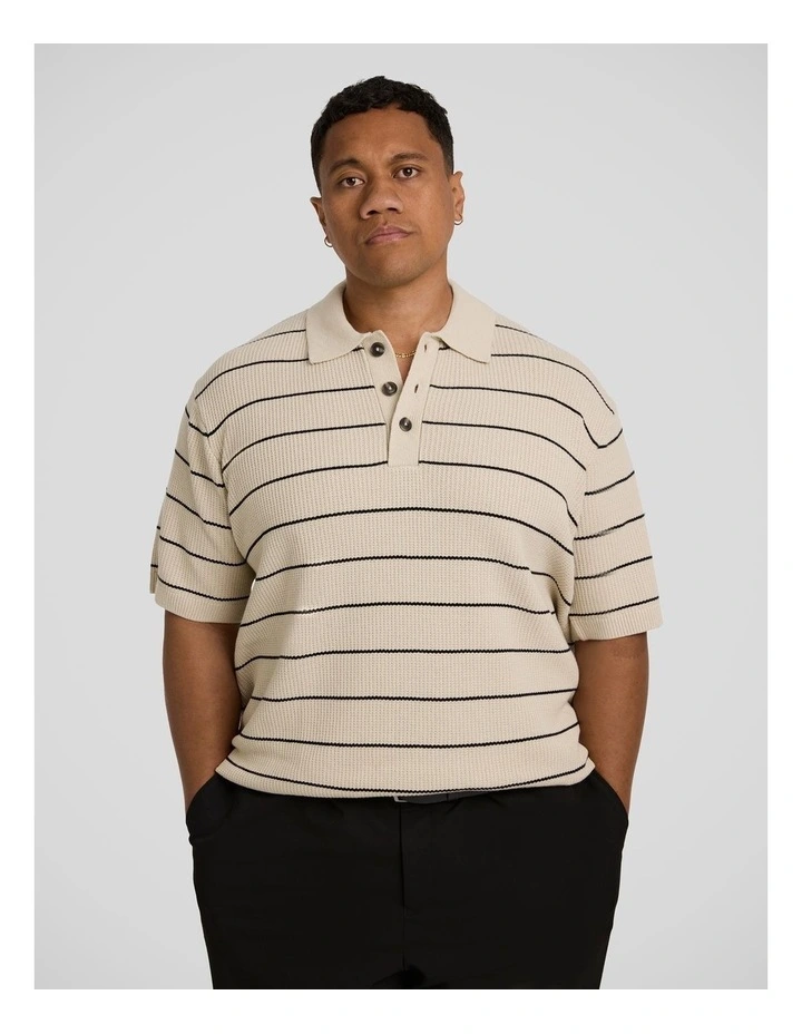 Elton Knit Stripe Polo Shirt in Ecru image 1