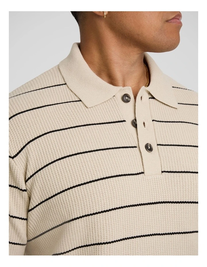 Elton Knit Stripe Polo Shirt in Ecru image 3