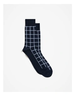 Windowpane Check Crew Sock in Chambray Blue