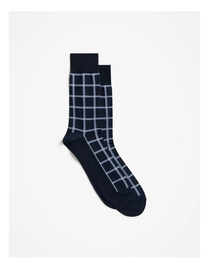 Windowpane Check Crew Sock in Chambray Blue image 1