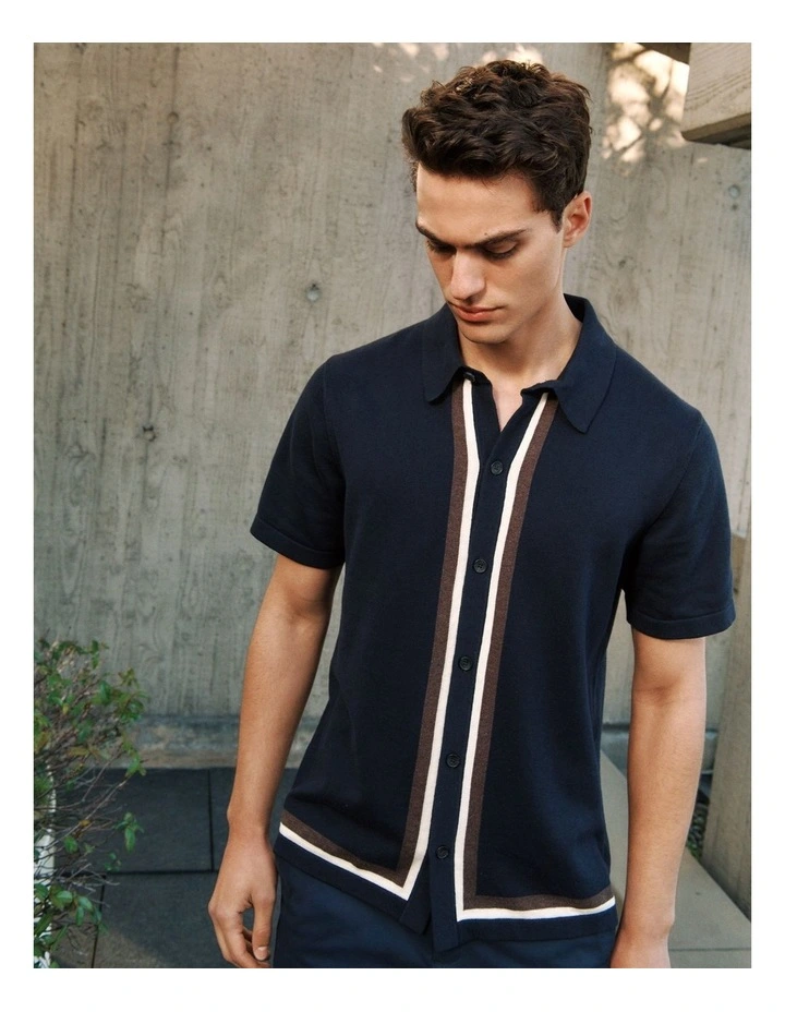 Cotton Silk Graphic Knit Shirt in Navy image 2