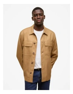 Linen Cotton Herringbone Chore Jacket in Rich Tan