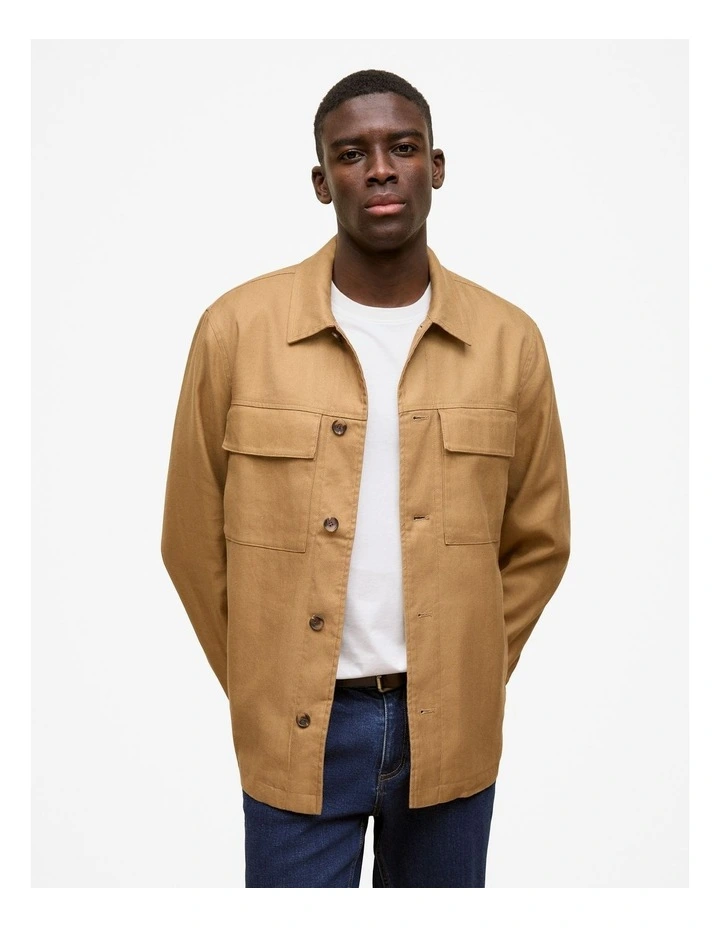 Linen Cotton Herringbone Chore Jacket in Rich Tan image 1