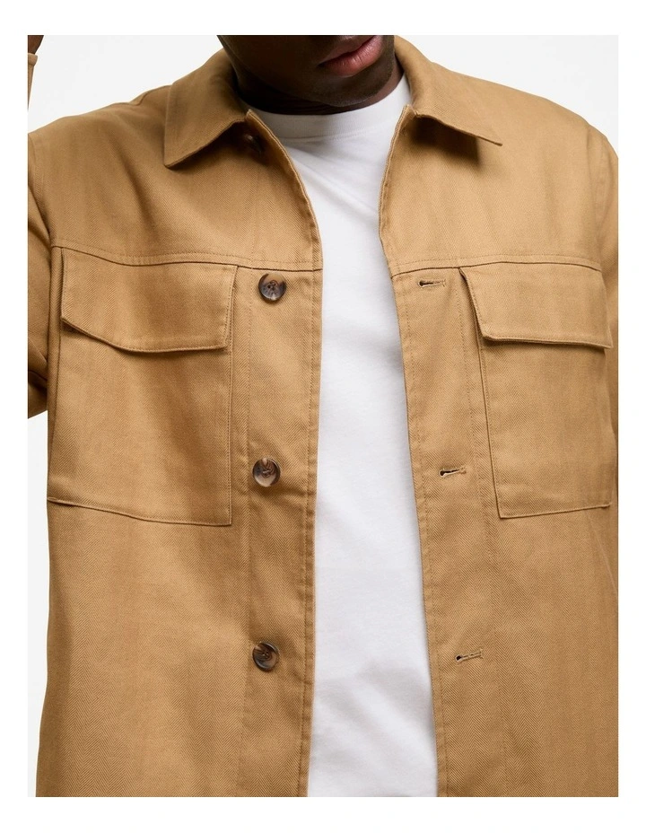 Linen Cotton Herringbone Chore Jacket in Rich Tan image 3