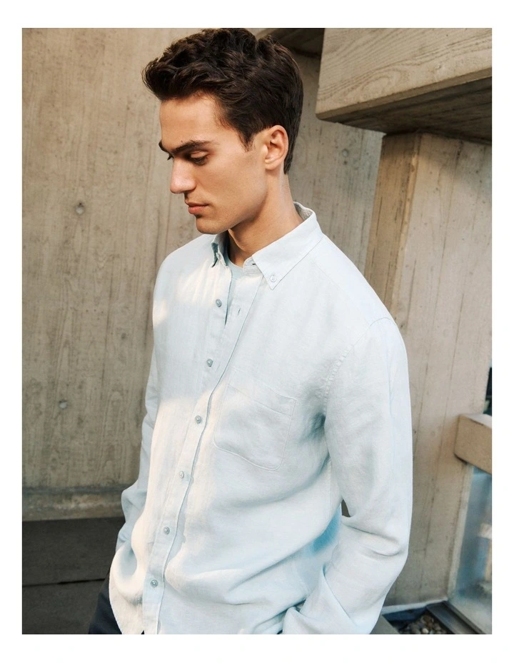 Regular Fit Linen End On End Shirt in Duck Egg Blue image 2