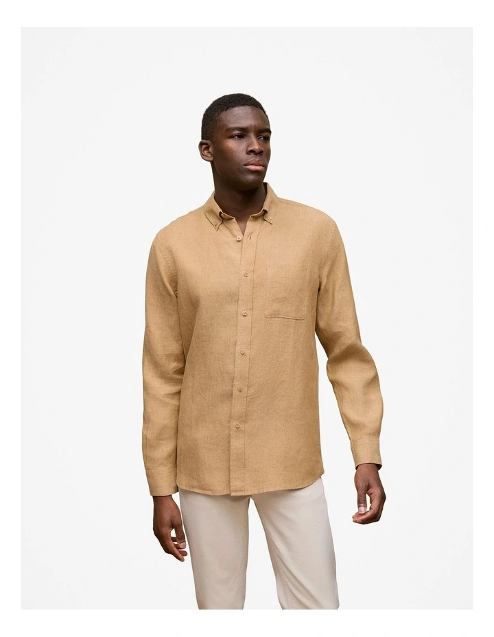 Regular Fit Linen End On End Shirt in Golden Brown image 1