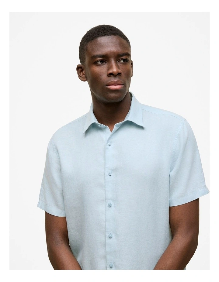 Linen End On End Short Sleeve Shirt in Duck Egg Blue image 3