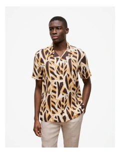 Graphic Leaf Linen Short Sleeve Shirt in Bitter Chocolate