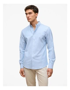 Regular Fit Yarn Dyed Cotton Monogram Oxford Shirt in Light Blue