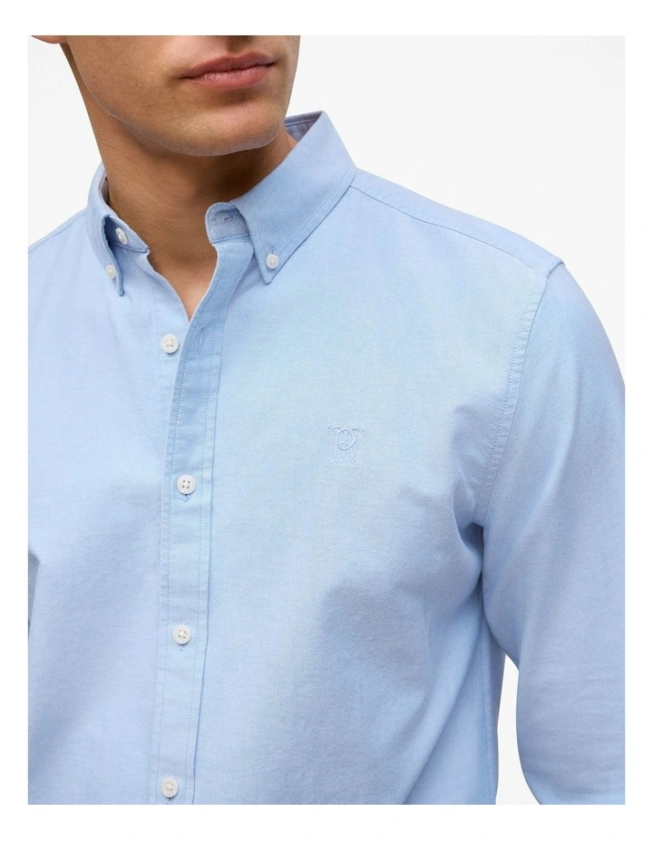 Regular Fit Yarn Dyed Cotton Monogram Oxford Shirt in Light Blue image 3