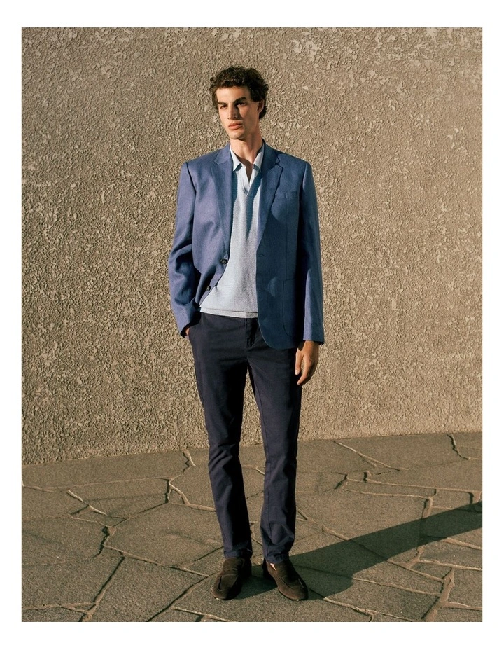 Regular Fit Linen Herringbone Blazer in Navy image 2
