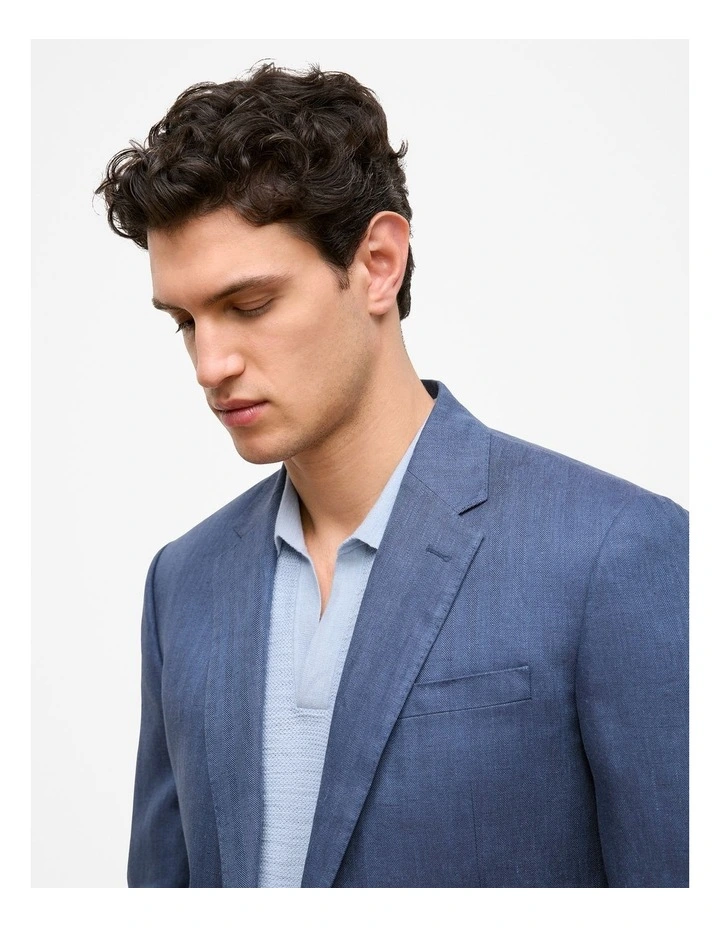 Regular Fit Linen Herringbone Blazer in Navy image 4