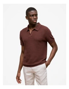 Cotton Linen Collared Knit Polo in Espresso