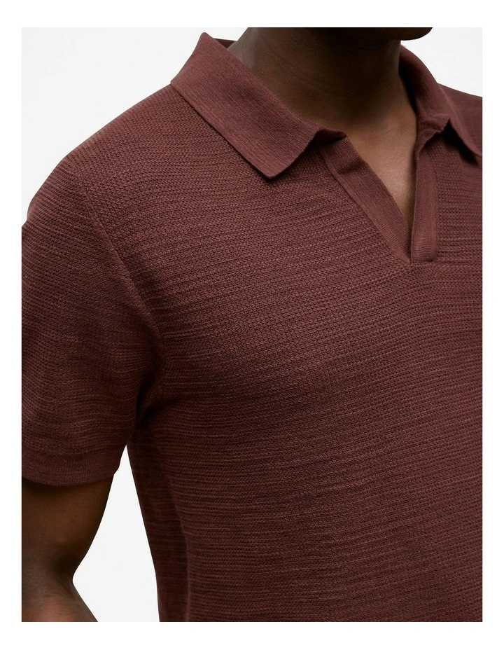 Cotton Linen Collared Knit Polo in Espresso image 3