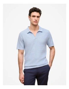 Cotton Linen Collared Knit Polo in Ice Blue