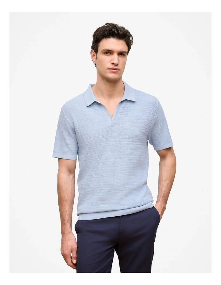 Cotton Linen Collared Knit Polo in Ice Blue image 1