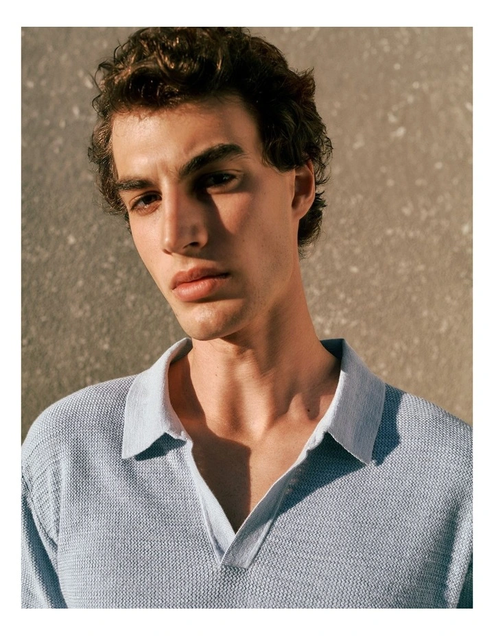 Cotton Linen Collared Knit Polo in Ice Blue image 2