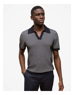 Texture Knit Collared Short Sleeve Polo in Navy