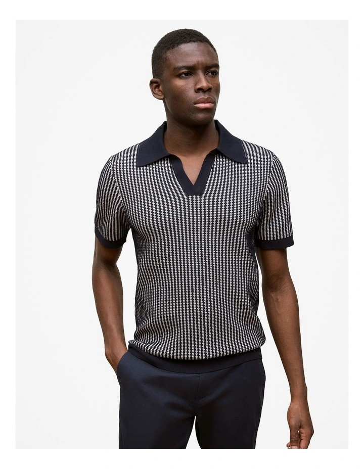 Texture Knit Collared Short Sleeve Polo in Navy image 1