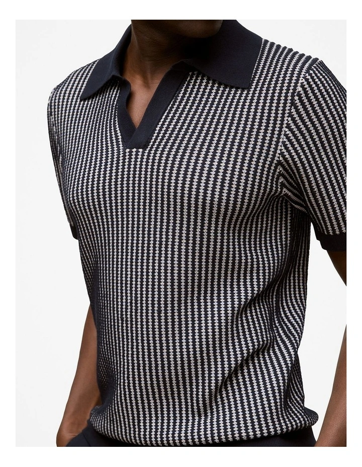Texture Knit Collared Short Sleeve Polo in Navy image 3
