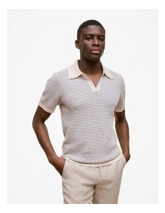 Texture Knit Collared Short Sleeve Polo in Off White