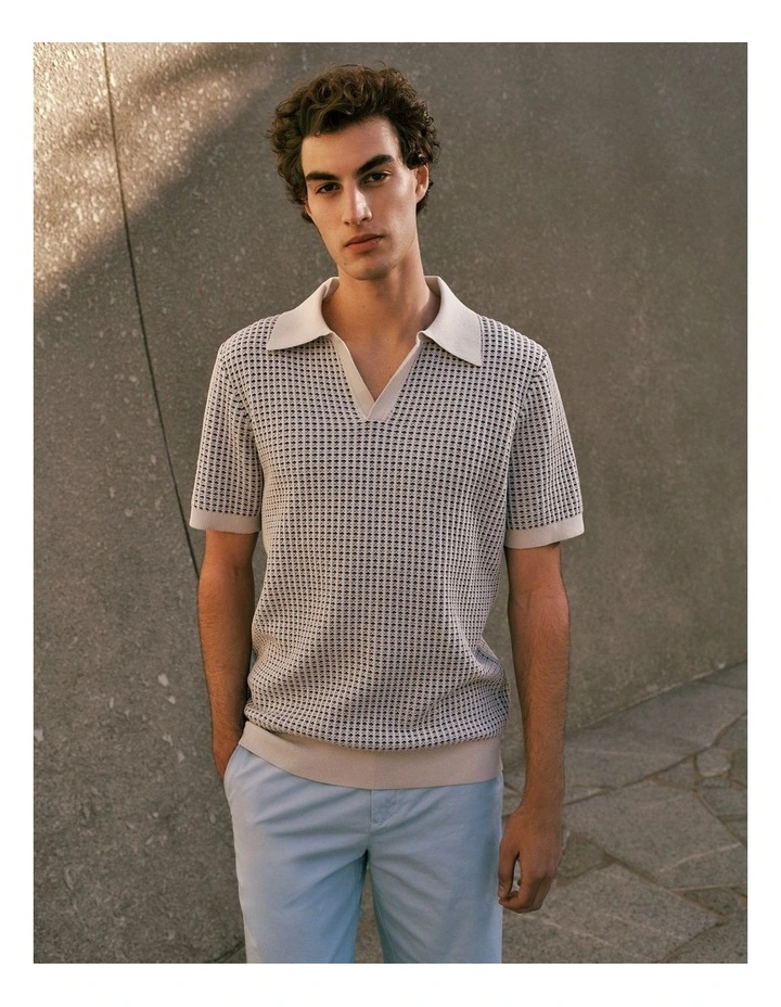 Texture Knit Collared Short Sleeve Polo in Off White image 2