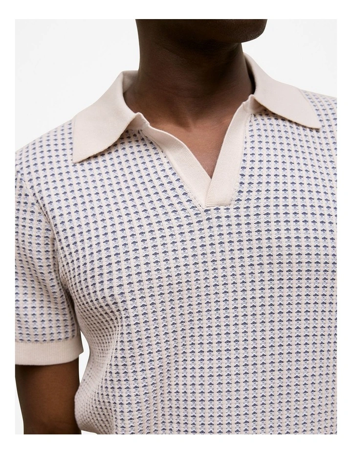 Texture Knit Collared Short Sleeve Polo in Off White image 4