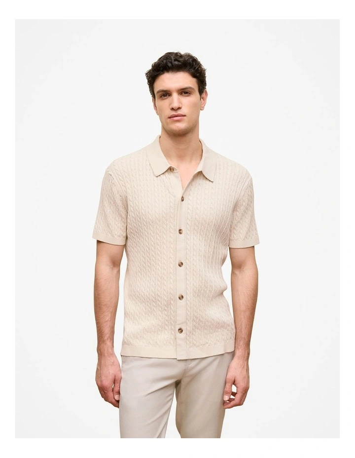 Cotton Cable Short Sleeve Shirt in Stone image 1