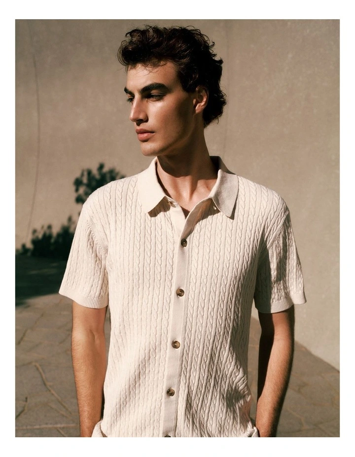 Cotton Cable Short Sleeve Shirt in Stone image 2