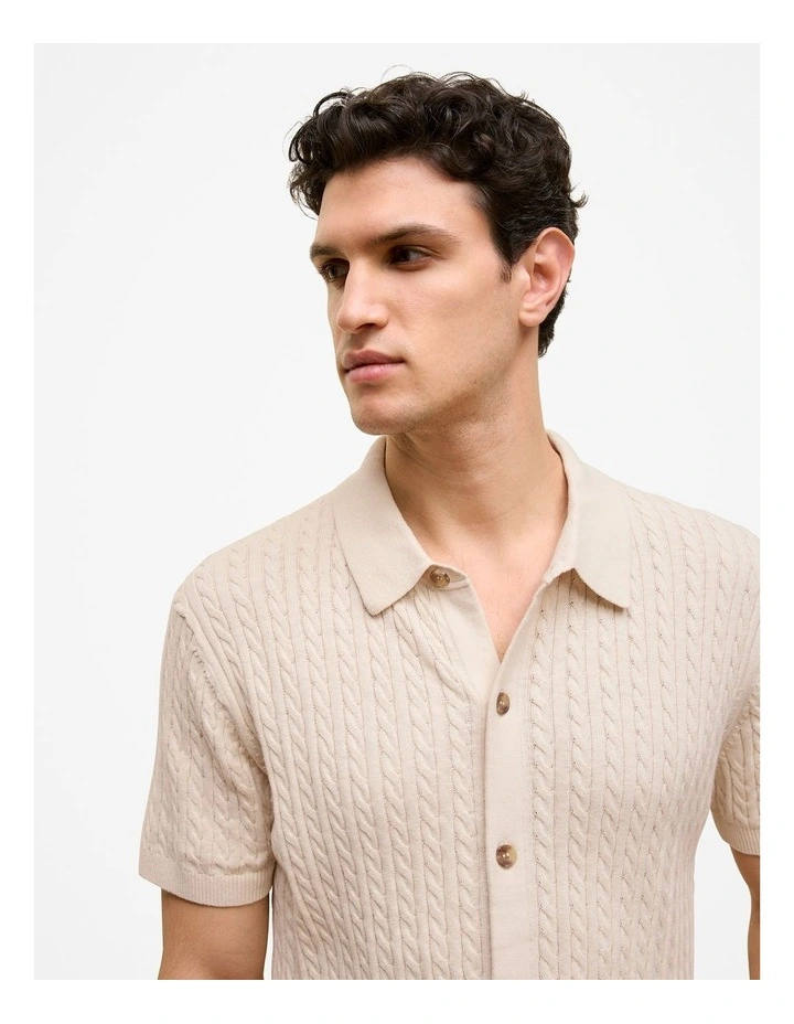 Cotton Cable Short Sleeve Shirt in Stone image 4