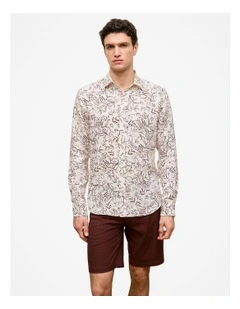 Regular Fit Floral Linen Long Sleeve Shirt in White