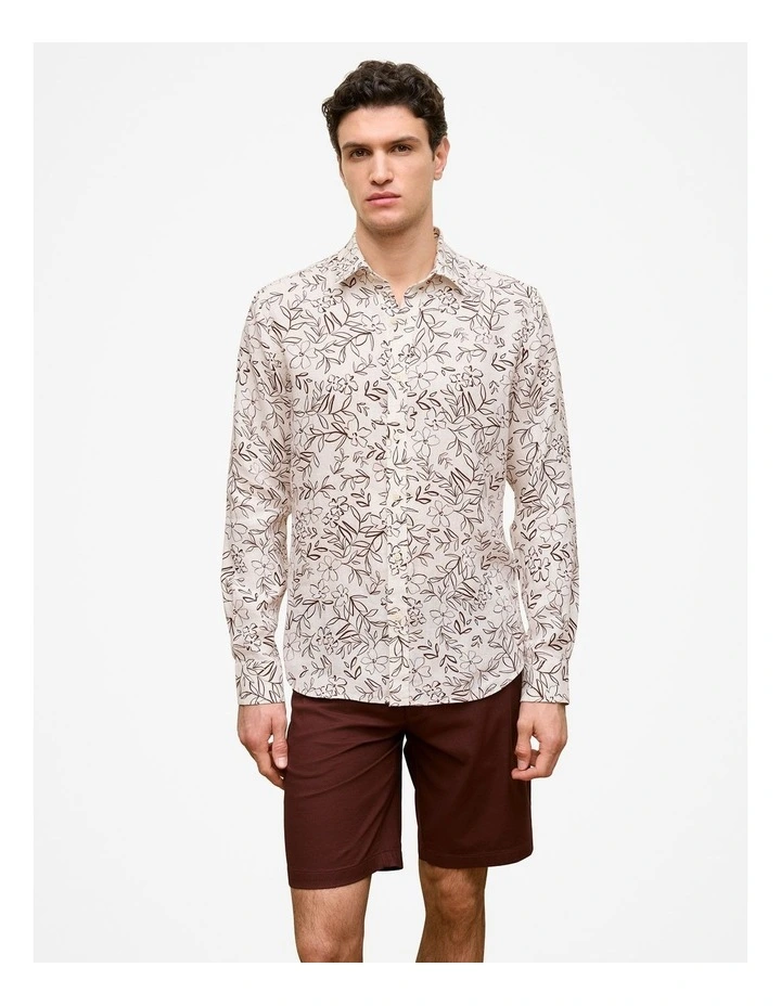 Regular Fit Floral Linen Long Sleeve Shirt in White image 1